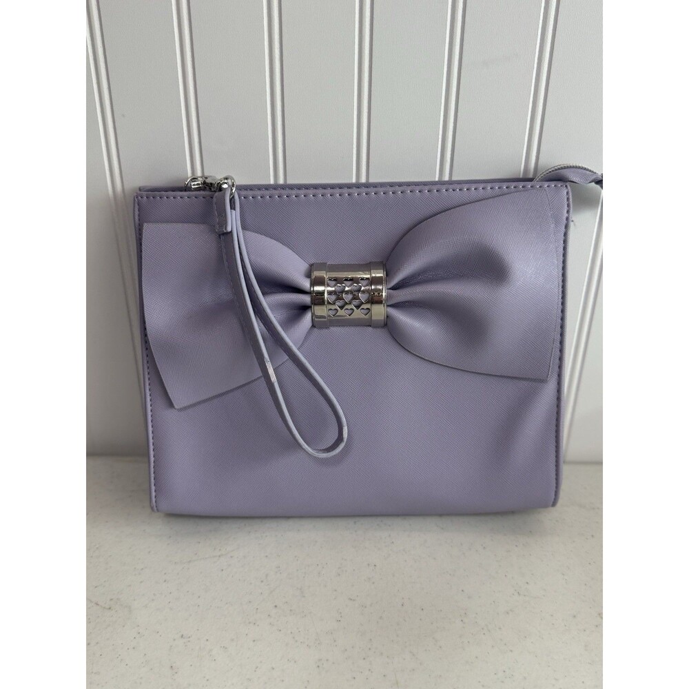 Betsey Johnson Lilac Lavender Bow Clutch Faux Leather Silver Heart Detail Purse
